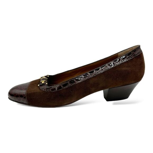 Bally Vintage Brown Suede Leather‎ Heels Trimmed In Croc Embossed Patent Leather - Picture 2 of 8